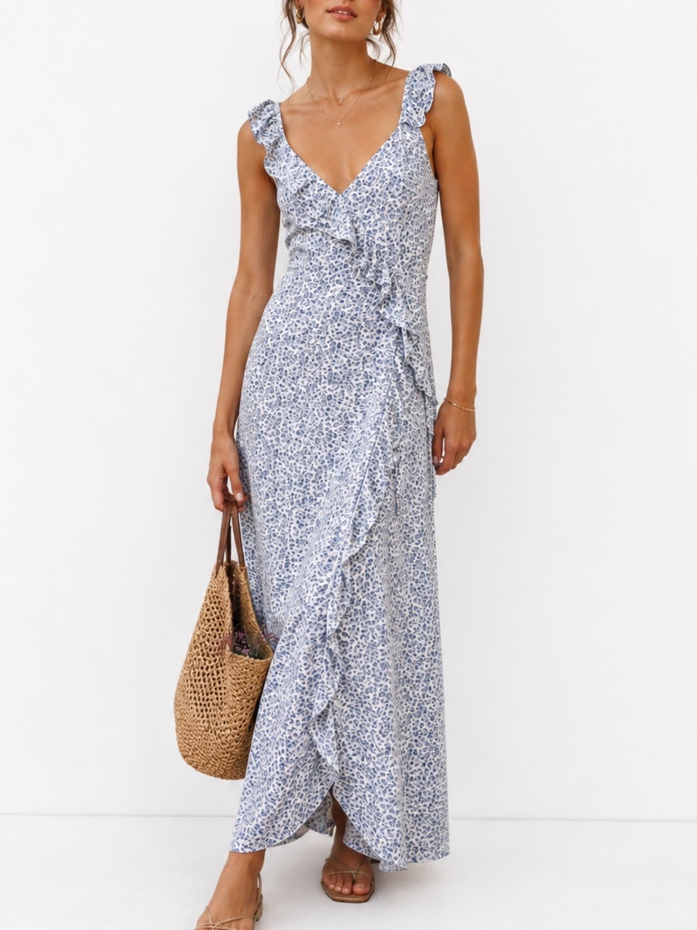 Madewell Ruffled Wrap Floral Maxi Dress Americana Blue White Sleeveless Size 8